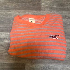 Hollister Men's Orange and Gray Striped Crewneck Sweater